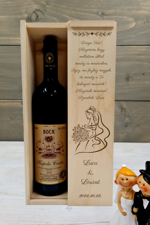 Menyasszony esküvői boros testvér köszöntő ajándék díszdoboz