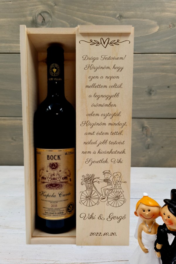 Testvérek esküvői boros testvér köszöntő ajándék díszdoboz