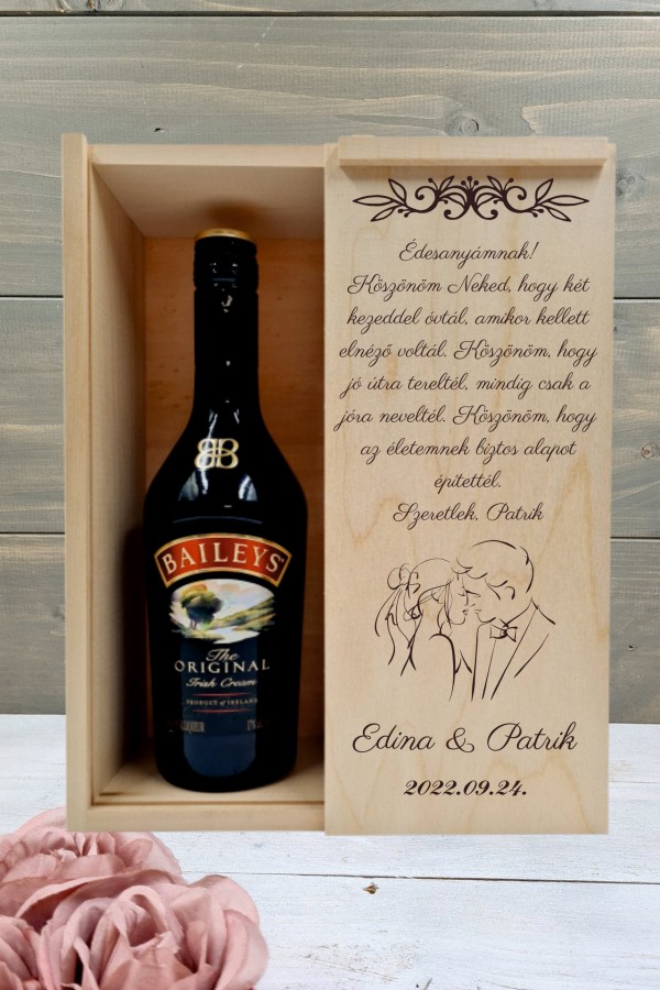Az ifjú pár Örömanya köszöntő italos ajándék díszdoboz