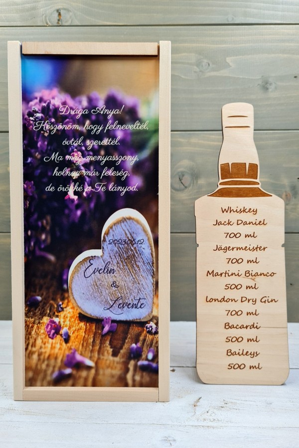 Lila orgona szülőköszöntő italos ajándék díszdoboz esküvőre