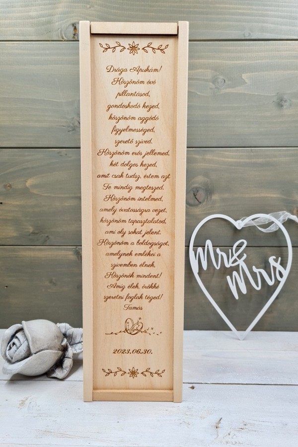 Kisvirág esküvői szülőköszöntő ajándék boros doboz