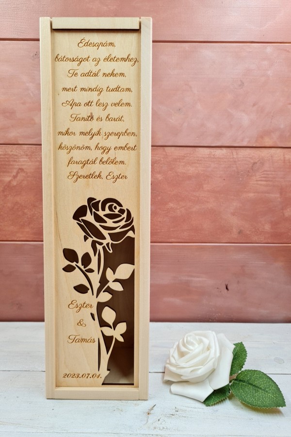 Rózsaszál esküvői szülőköszöntő ajándék boros díszdoboz