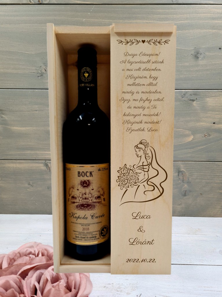 Menyasszony boros örömapaköszöntő ajándékdoboz esküvőre