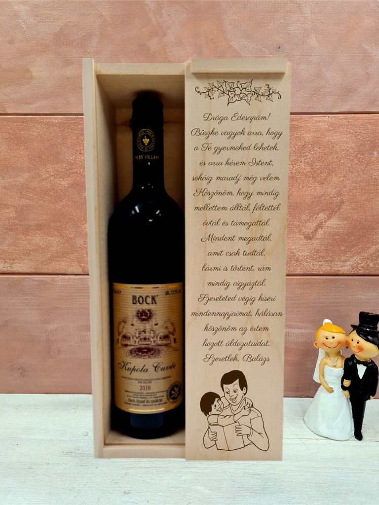 Apa és gyermeke boros örömapa köszöntő ajándékdoboz esküvőre