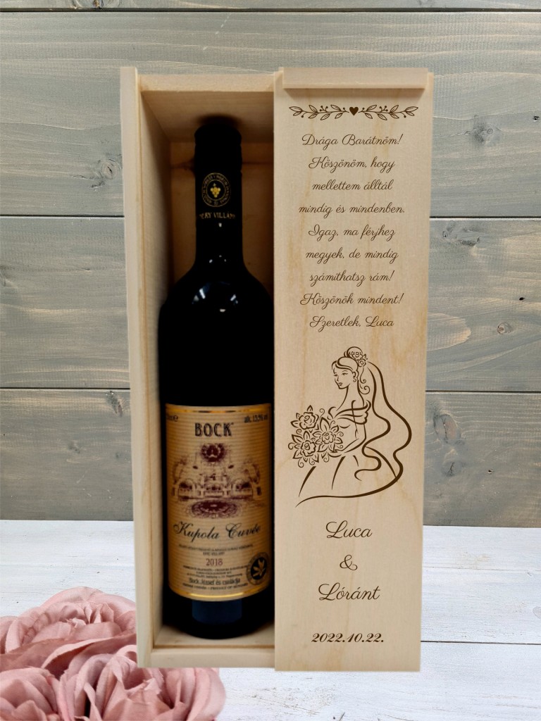 Menyasszony esküvői boros ajándék díszdoboz barátnőnek