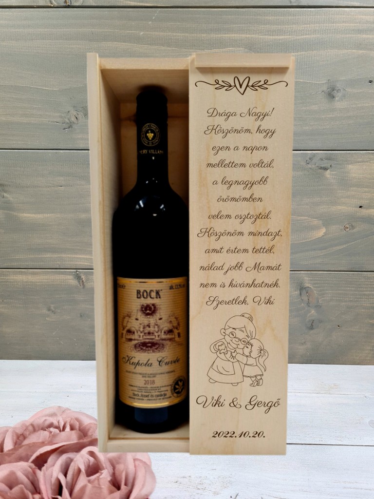 Nagyi esküvői boros nagymama köszöntő ajándék díszdoboz