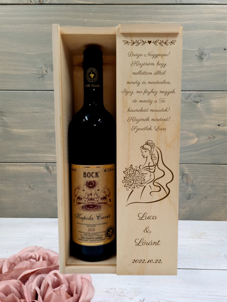 Menyasszony esküvői boros nagypapa köszöntő ajándék díszdoboz  