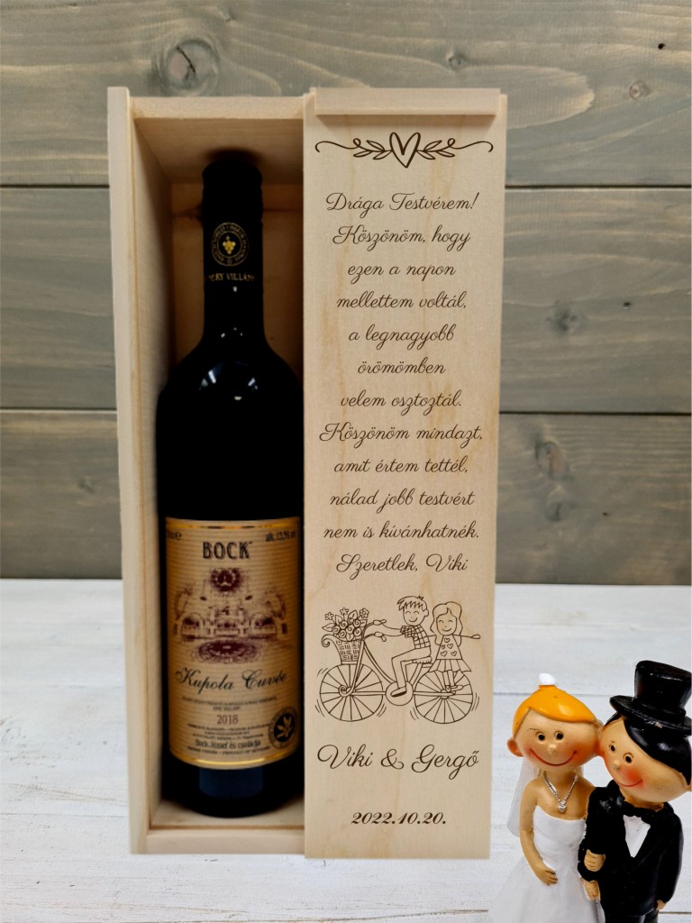 Testvérek esküvői boros testvér köszöntő ajándék díszdoboz