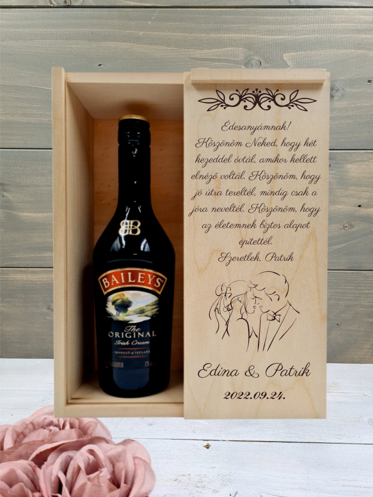 Az ifjú pár Örömanya köszöntő italos ajándék díszdoboz