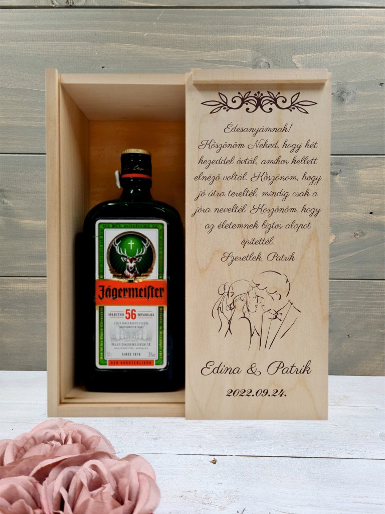 Az ifjú pár Örömanya köszöntő italos ajándék díszdoboz