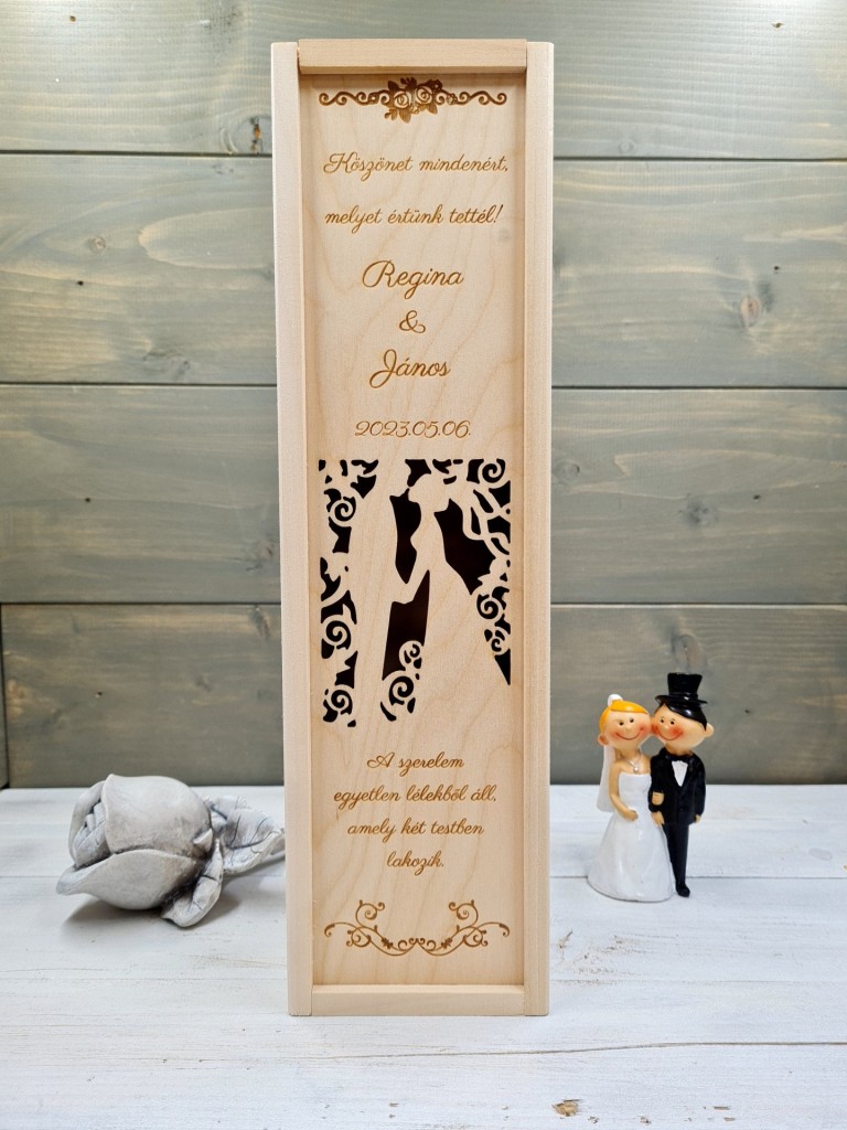 Lopott csók szülőköszöntő boros doboz esküvőre