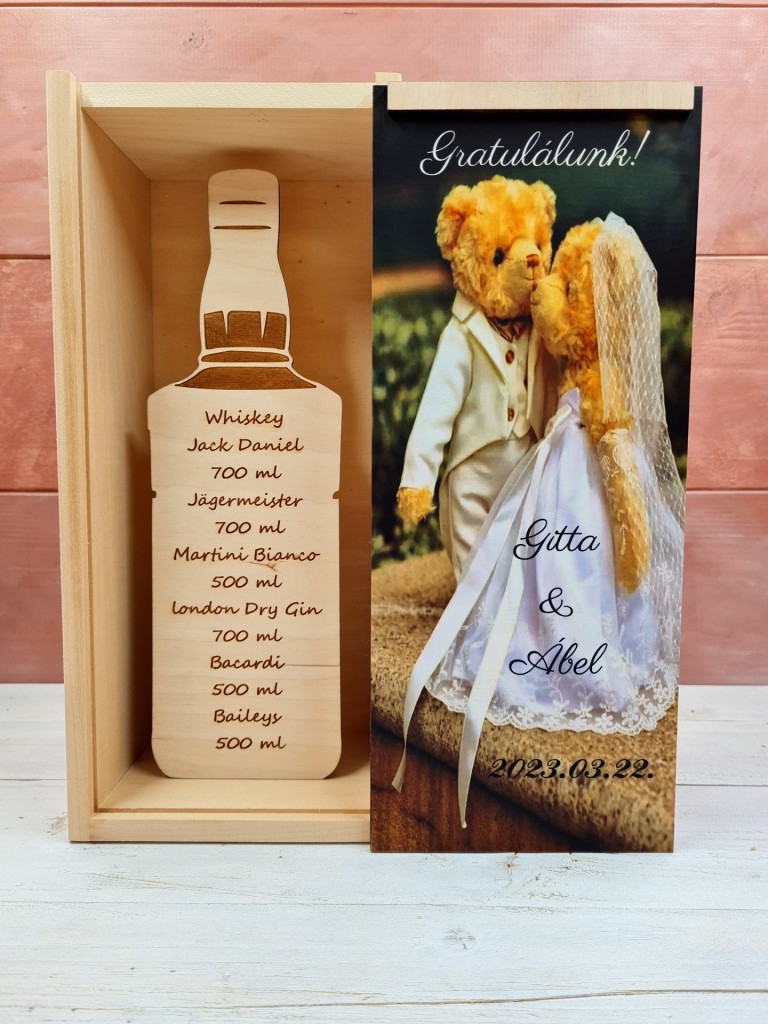 Maci pár italos köszönőajándék díszdoboz esküvőre