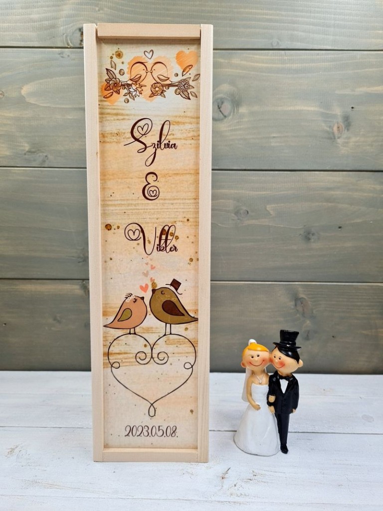 Madárkák esküvői szülőköszöntő boros doboz
