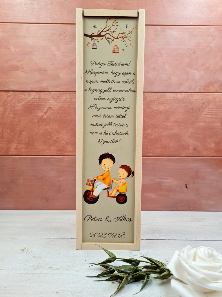 Testvérek esküvői köszönőajándék boros doboz 