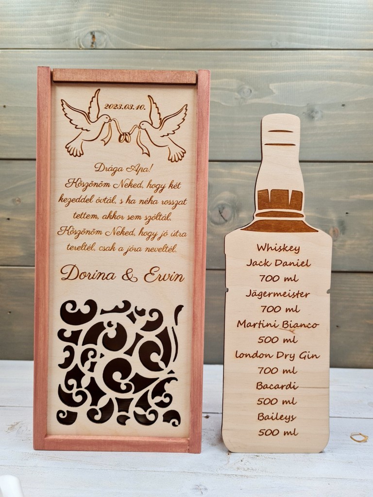 Galambpár esküvői szülőköszöntő ajándék italos doboz