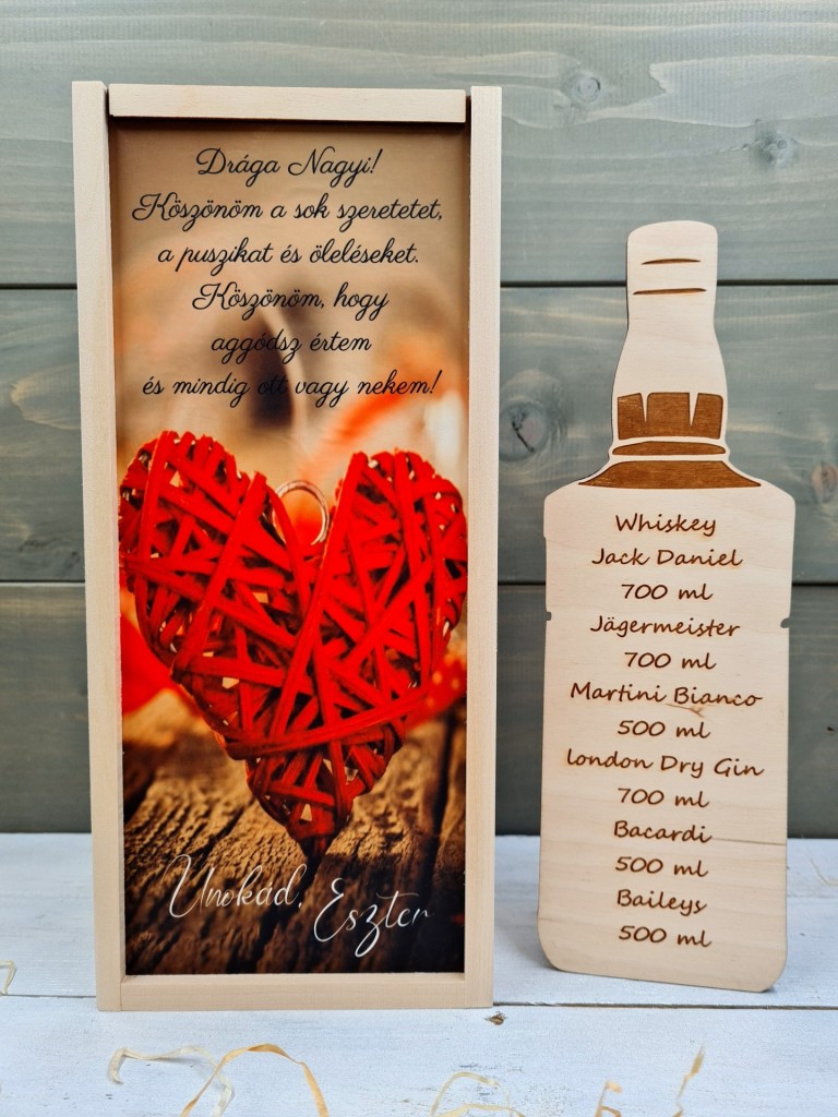 Piros szív italos ajándék doboz nagymamának