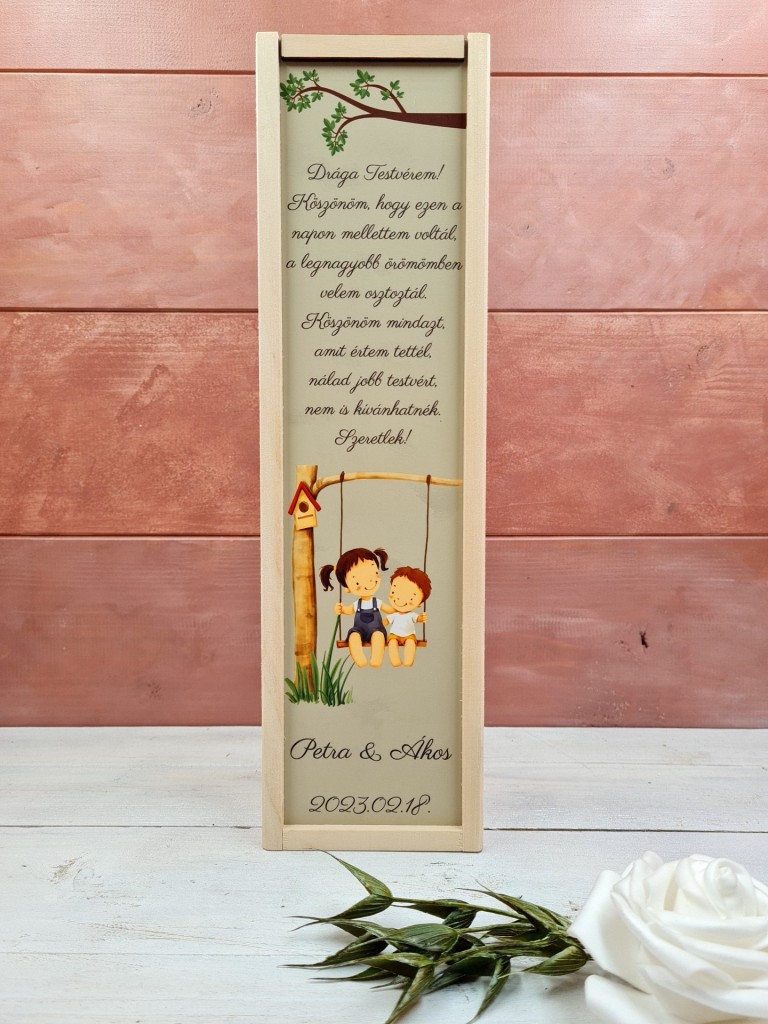 Jó testvérek esküvői testvérköszöntő boros ajándék díszdoboz