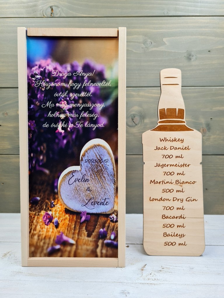 Lila orgona szülőköszöntő italos ajándék díszdoboz esküvőre