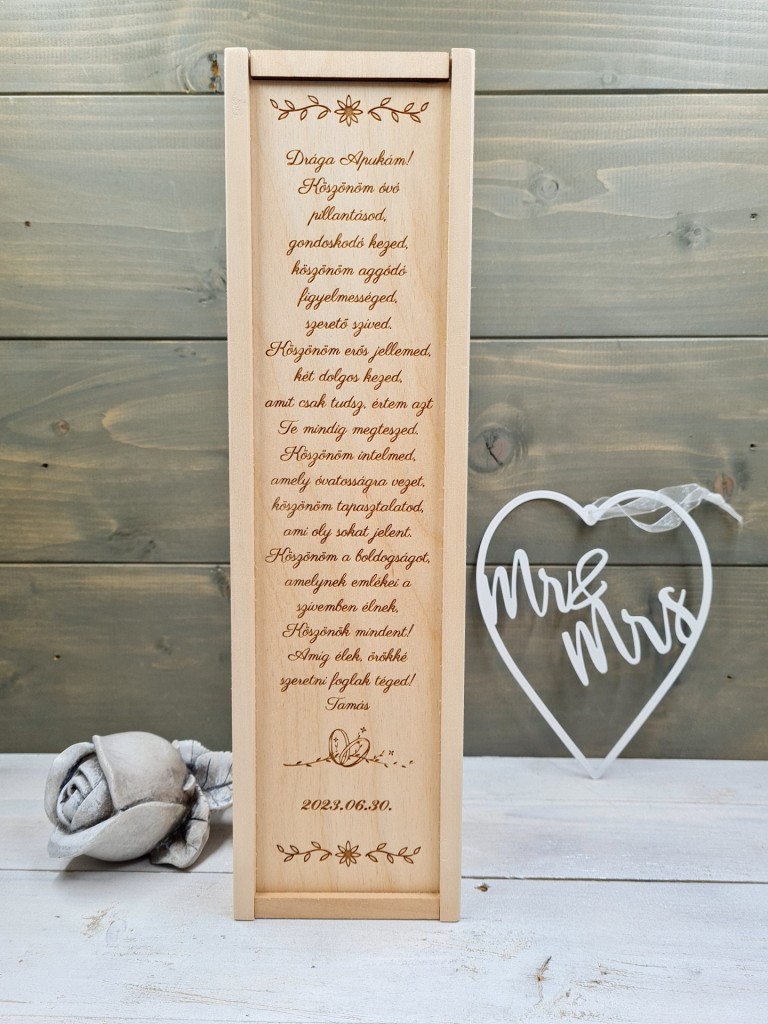Kisvirág esküvői szülőköszöntő ajándék boros doboz