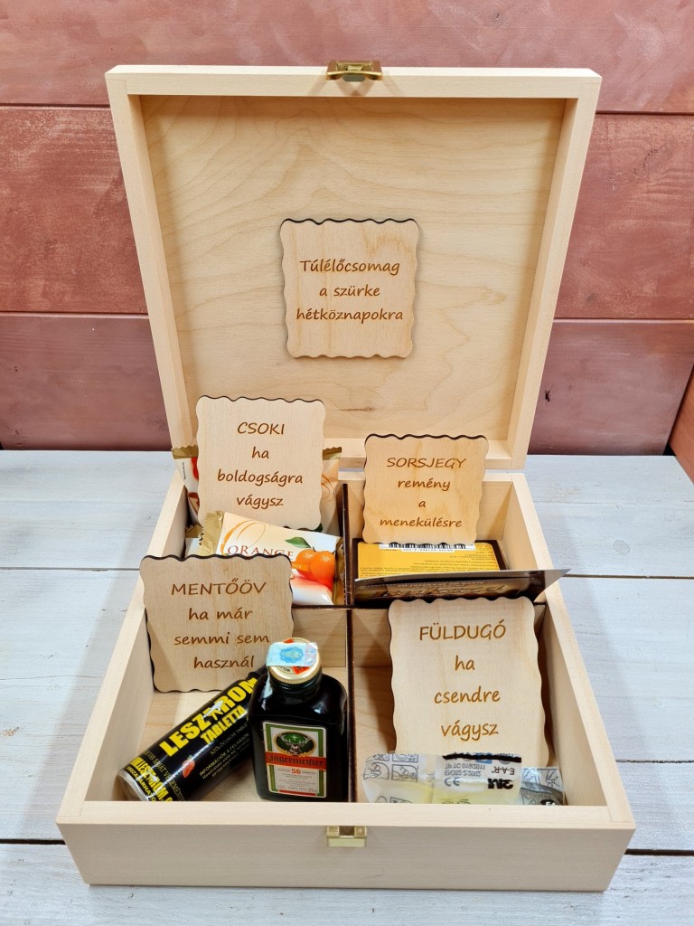 Cuki mackós kávés, teás, édességes, italos ajándék díszdoboz szülinapra