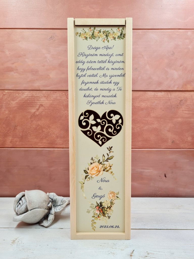 Rózsafüzér esküvői szülőköszöntő boros ajándék díszdoboz
