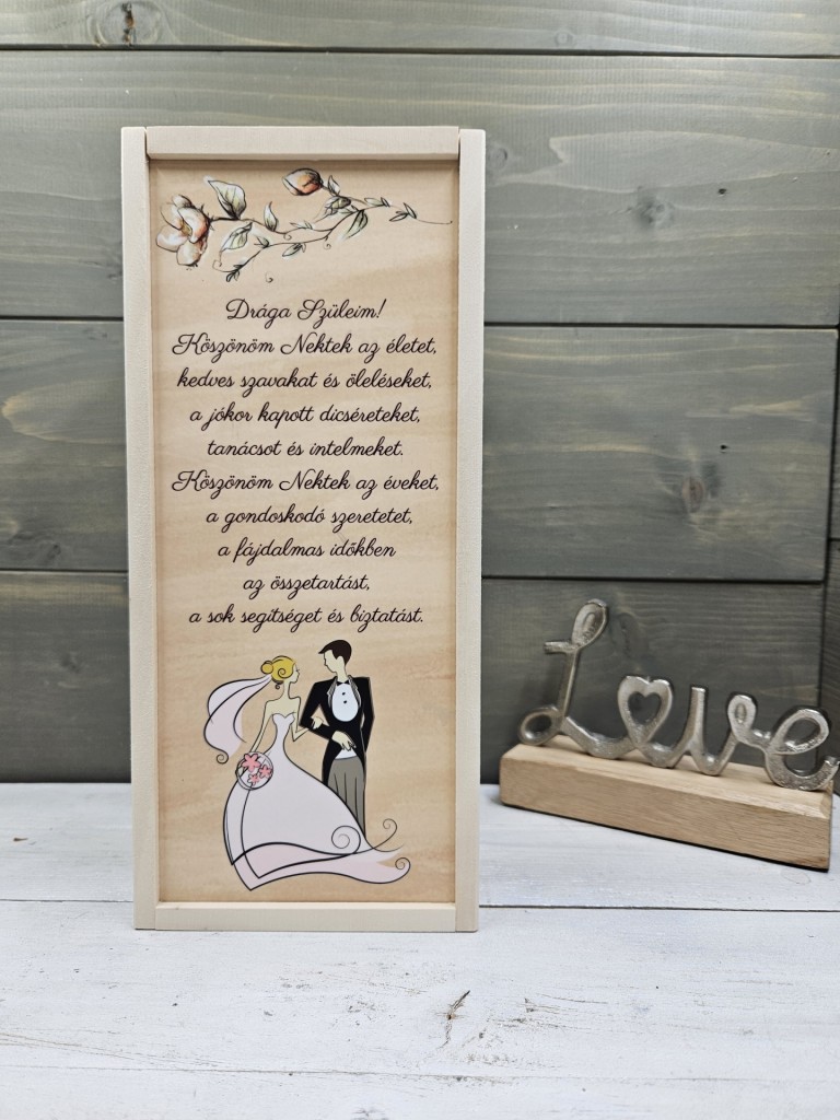Szerelmespár esküvői szülőköszöntő ajándék italosdíszdoboz