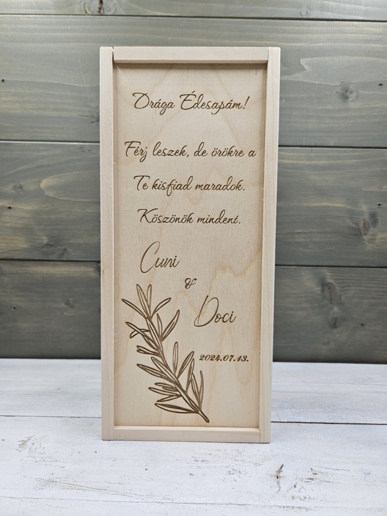 Rozmaringág esküvői szülőköszöntő ajándék italos díszdoboz