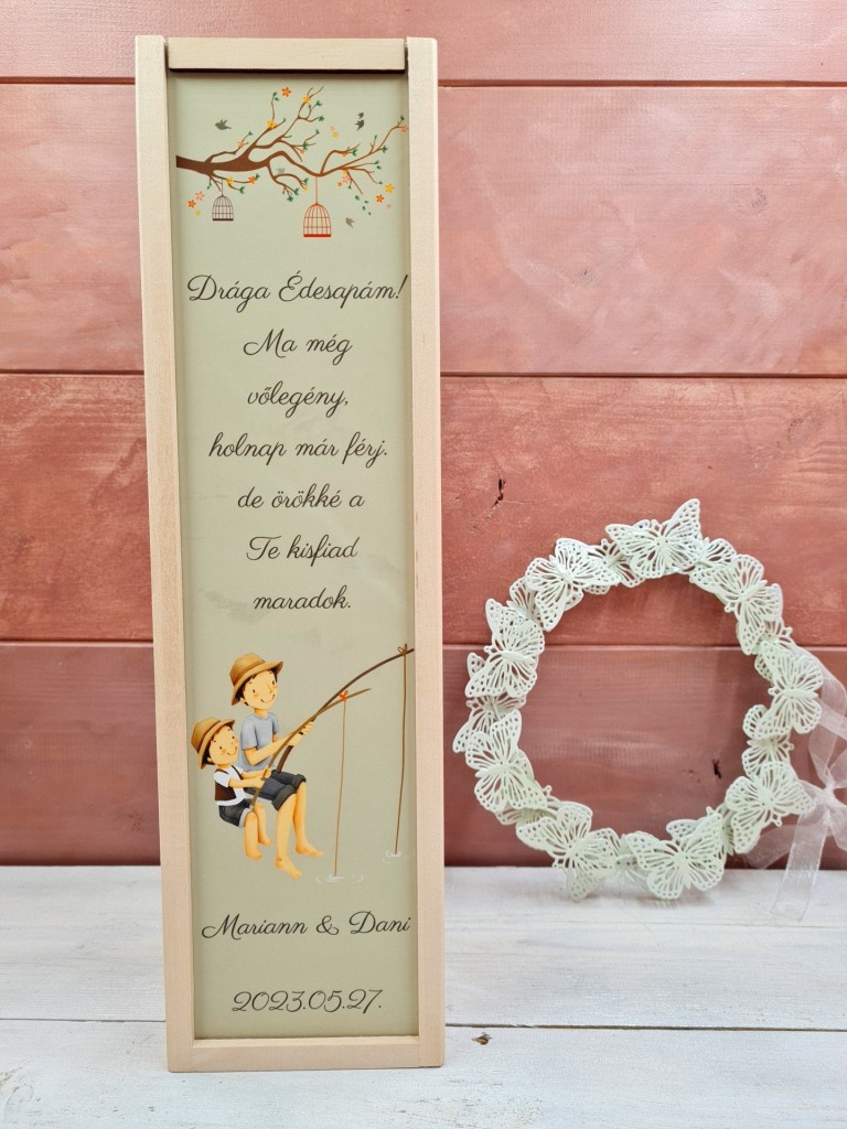 Horgászok köszönőajándék boros díszdoboz szülőknek esküvőre