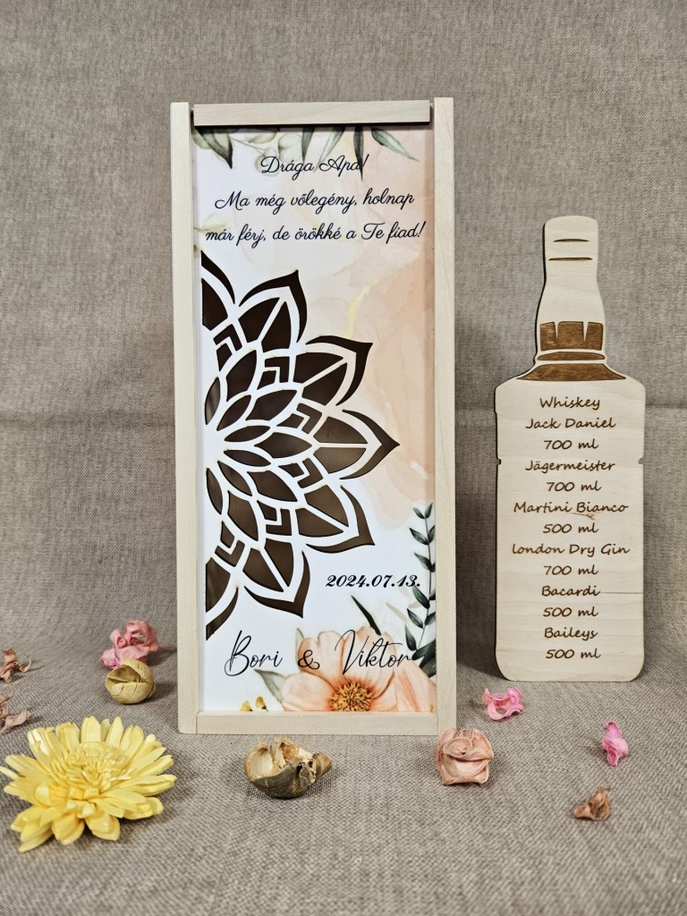 Mezei virágok szülőköszöntő ajándék italos díszdoboz esküvőre