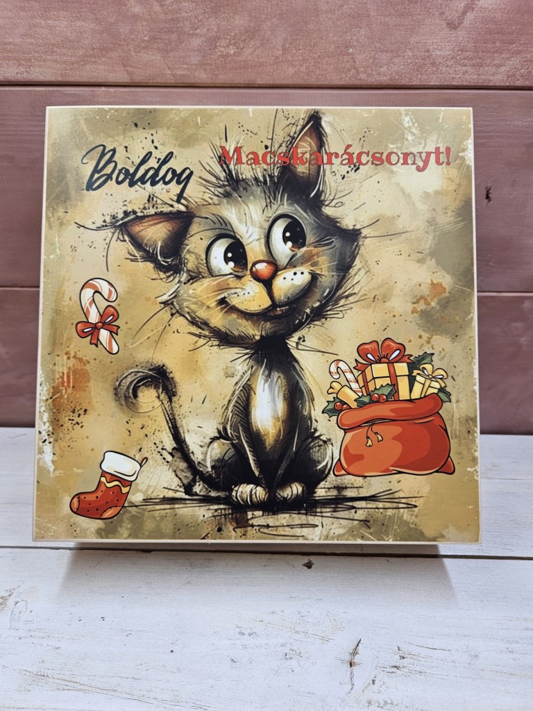 Macskarácsony kávés, teás, édességes, italos ajándék díszdoboz karácsonyra