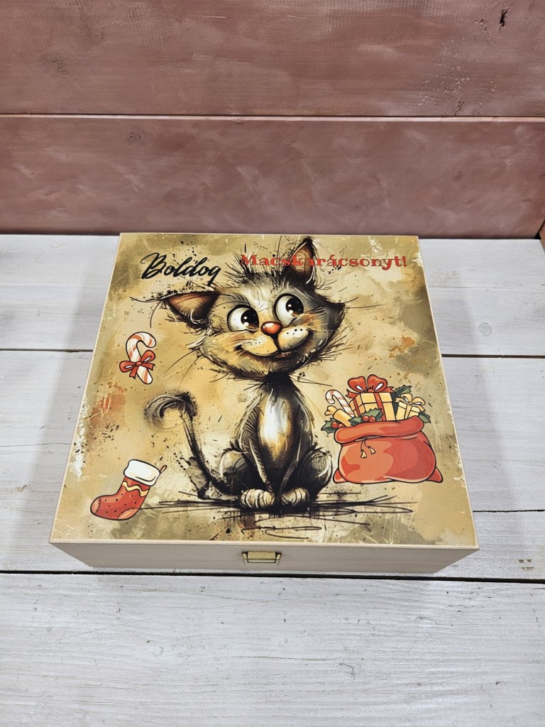 Macskarácsony kávés, teás, édességes, italos ajándék díszdoboz karácsonyra