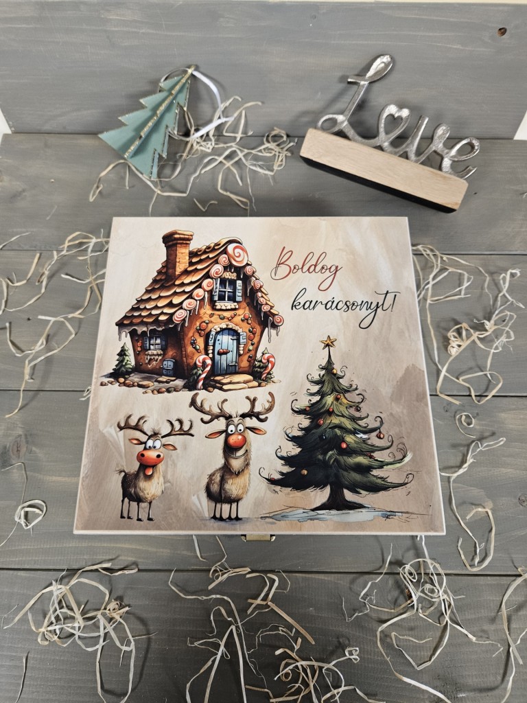 Szarvasok kávés, teás, édességes, italos ajándék díszdoboz karácsonyra