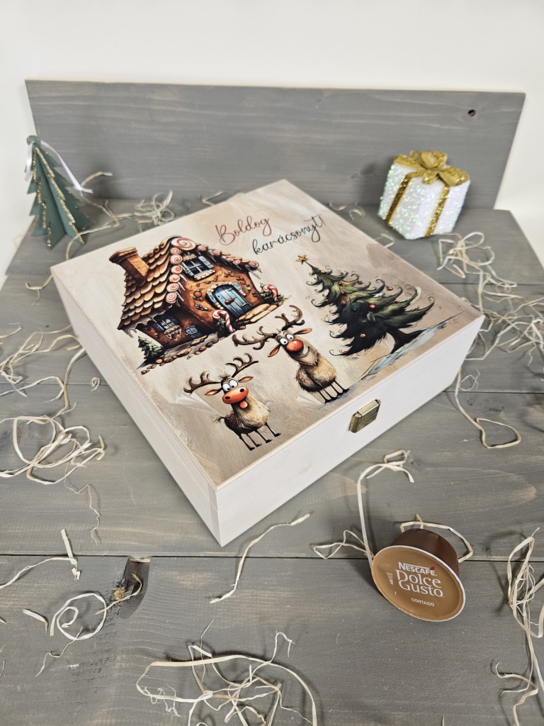 Szarvasok kávés, teás, édességes, italos ajándék díszdoboz karácsonyra