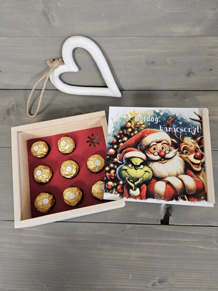 Mikulás és a grincs kávés, teás, édességes ajándék díszdoboz karácsonyra