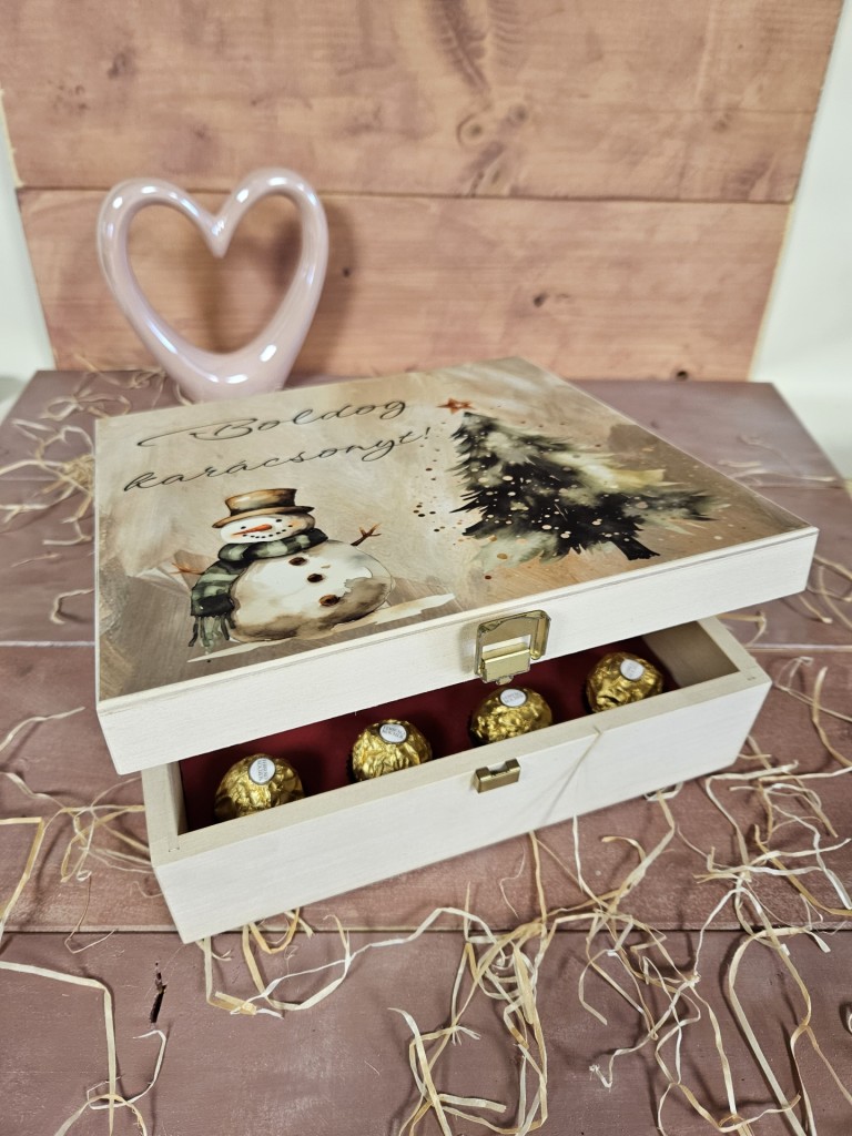 Hóember kávés, teás, édességes, italos ajándék díszdoboz karácsonyra