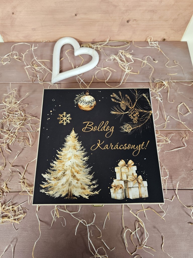 Arany karácsony kávés, teás, édességes, italos ajándék díszdoboz karácsonyra