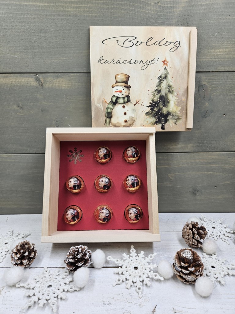 Hóember kávés, teás, édességes ajándék díszdoboz karácsonyra