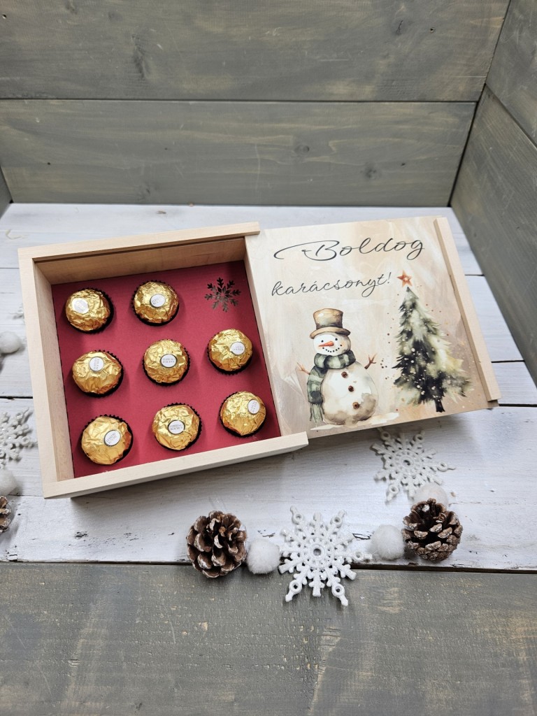 Hóember kávés, teás, édességes ajándék díszdoboz karácsonyra
