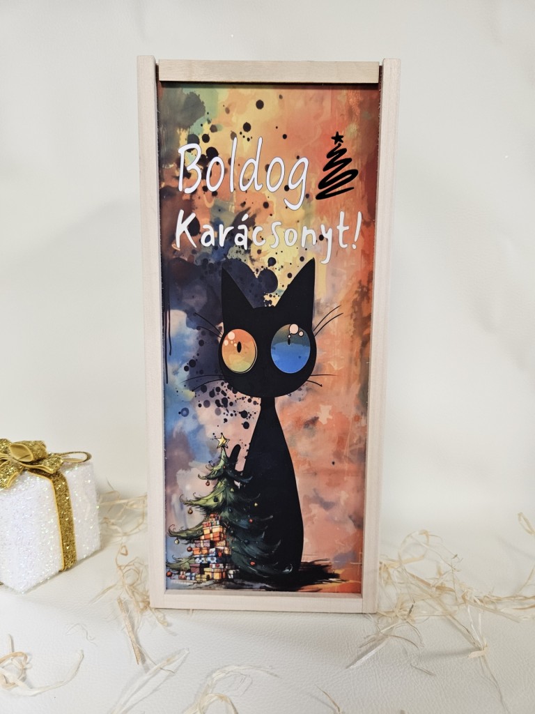 Fekete macska karácsonyi italos ajándék díszdoboz