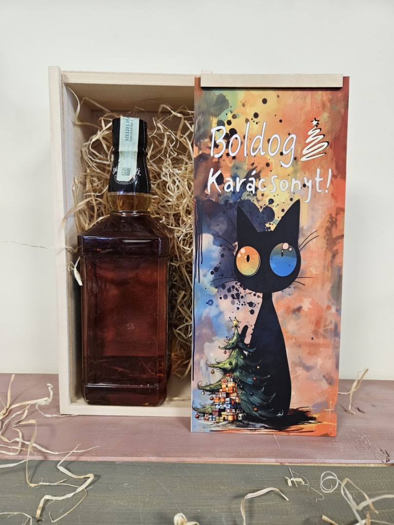 Fekete macska karácsonyi italos ajándék díszdoboz