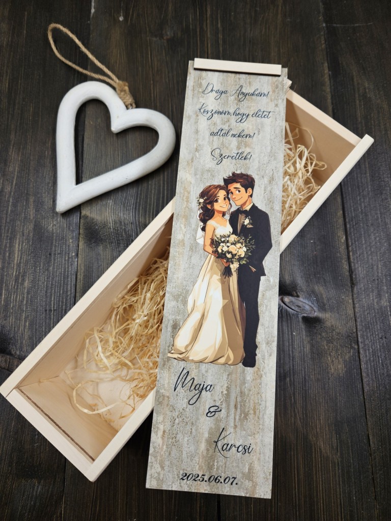 Ifjú pár színes szülőköszöntő boros doboz esküvőre