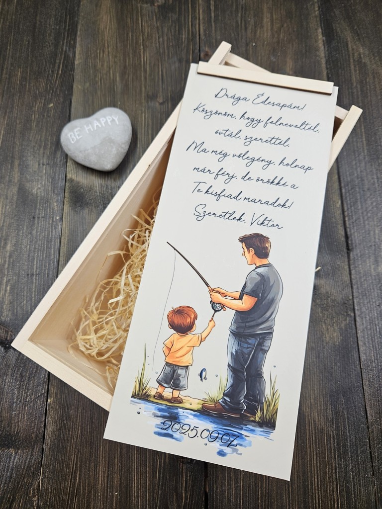Közös horgászat Örömapa köszöntő italos doboz esküvőre