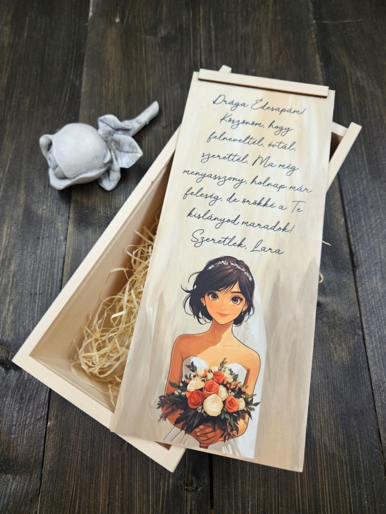 Menyasszony színes italos Örömszülő köszöntő doboz esküvőre