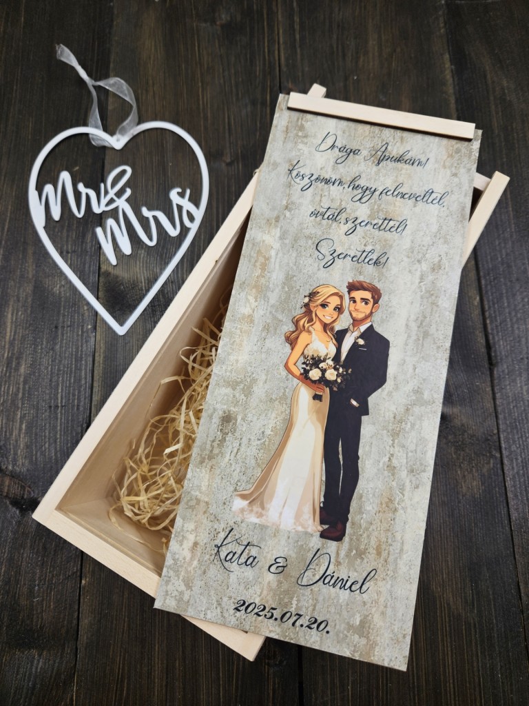 Ifjú pár színes szülőköszöntő italos doboz esküvőre