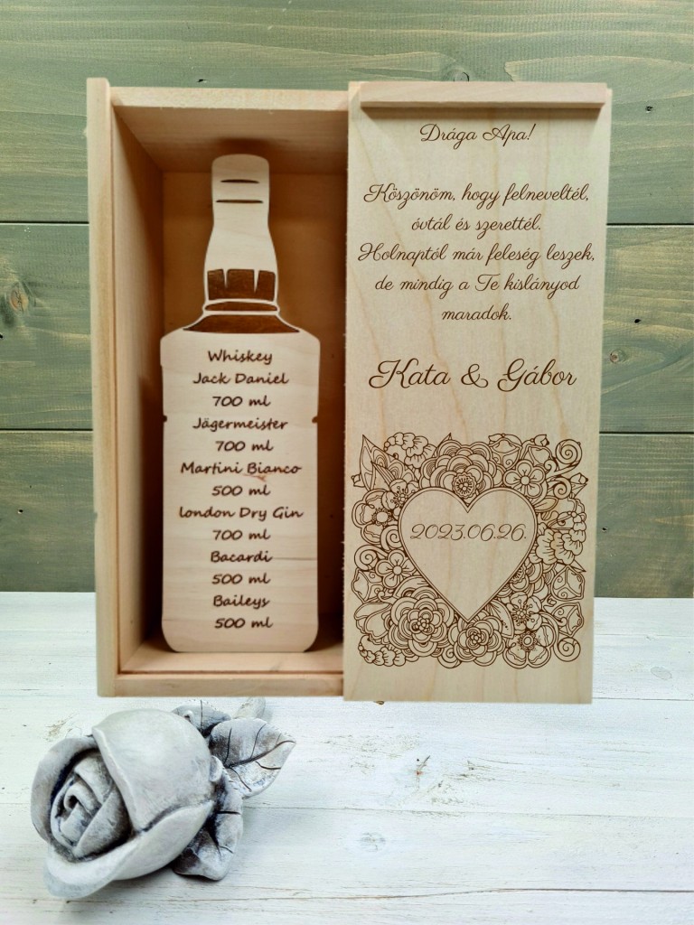 Romantikus szív italos szülőköszöntő ajándék doboz esküvőre