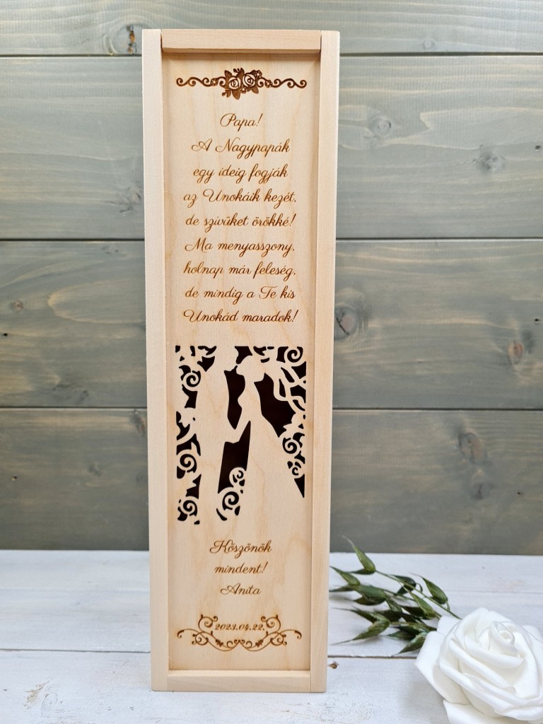 Nagypapa köszöntő boros ajándék díszdoboz esküvőre