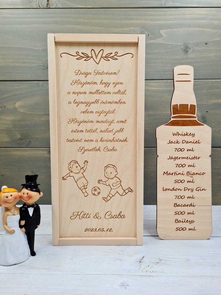Fiú tesók esküvői ajándék testvérköszöntő italos díszdoboz
