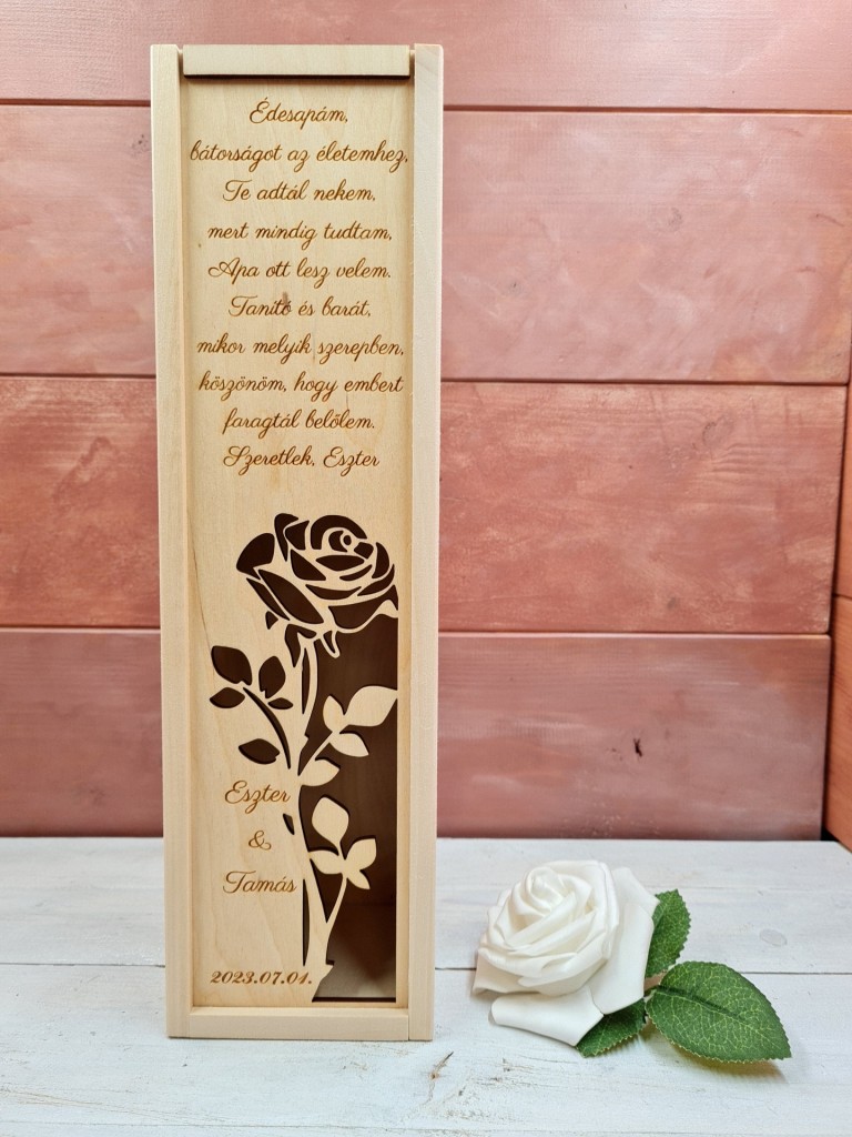 Rózsaszál esküvői szülőköszöntő ajándék boros díszdoboz