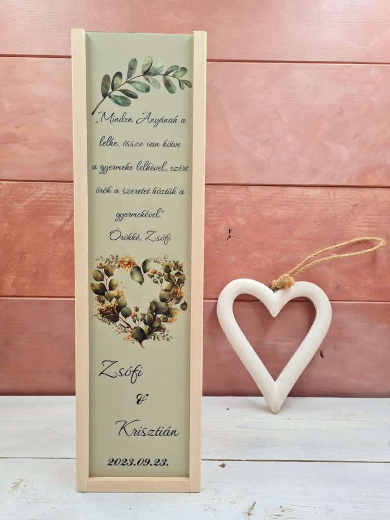 Eukaliptusz szív esküvői szülőköszöntő boros ajándékdoboz