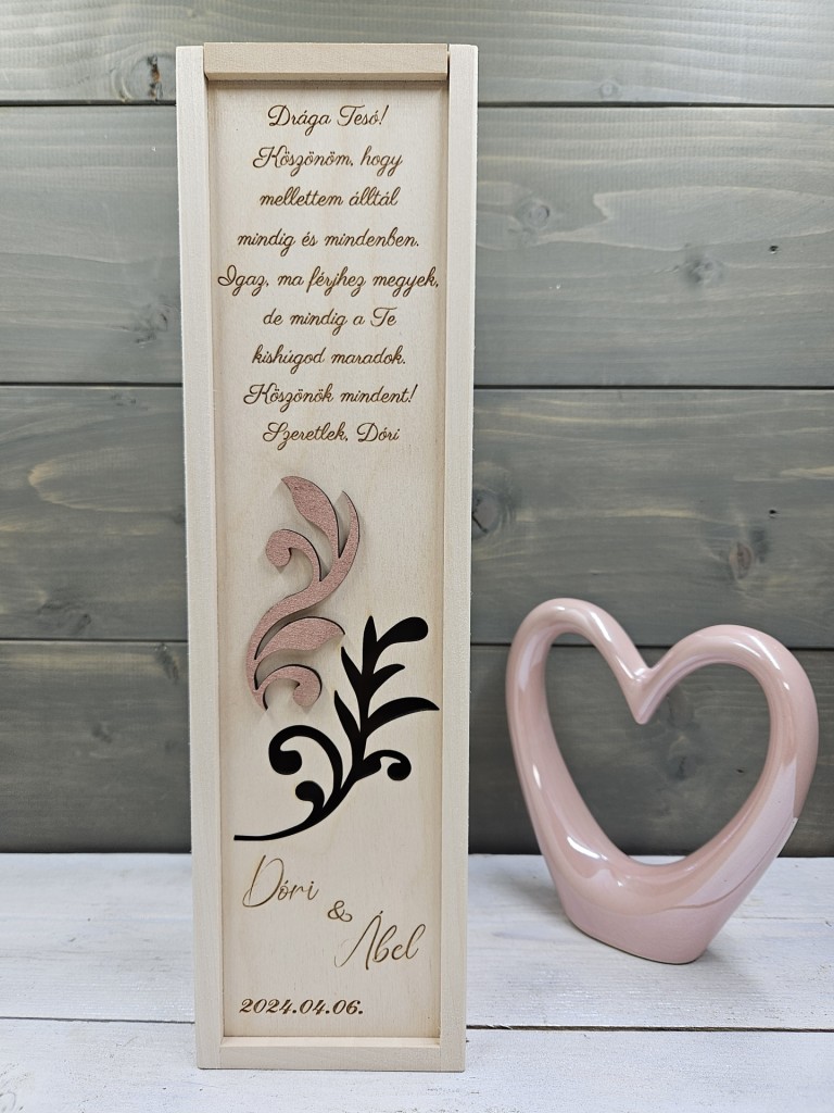 Bronz virágszál esküvői szülőköszöntő ajándék borosdoboz